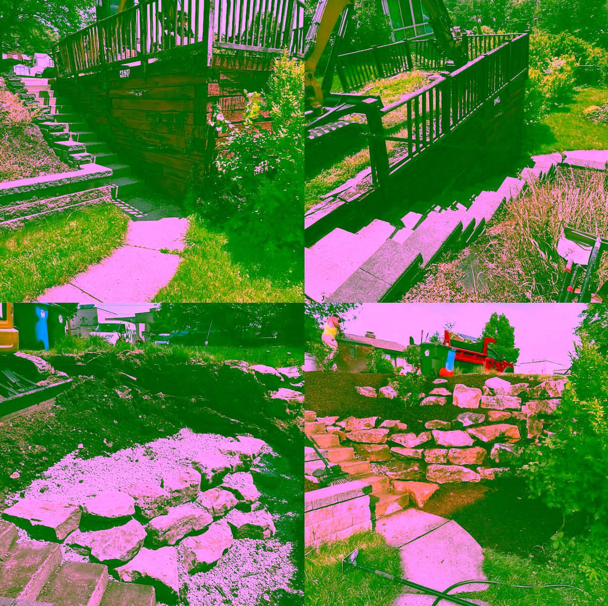 Grading and drainage work around a boulder wall on a Pittsburgh lot